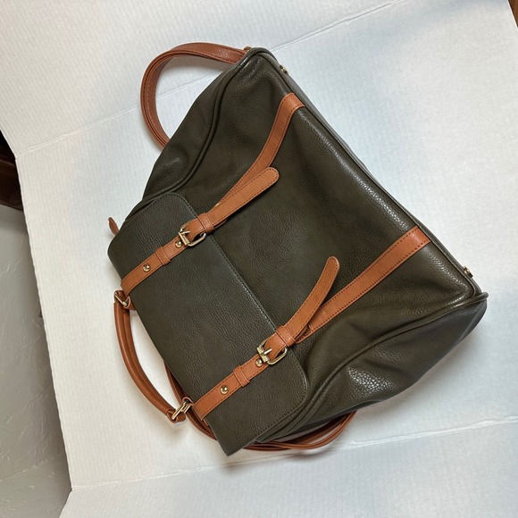 MMS Olive Green Cognac Brown Vegan Leather Convertible Backpack Satchel Bag - Picture 12 of 12